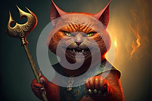 Devil cat at the inferno holding pitchwork. hell in flames illustration generative ai