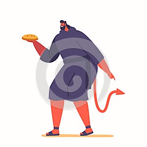 Devil Character With Bread in Hands Symbolizes Satan's Temptation Of Jesus In The Wilderness, Offering Him Food