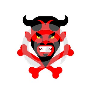 Devil and crossbones. Red demon face and bone. Satan sign photo
