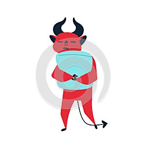 Devil cuddling pillow flat vector illustration. Tiredness and somnolence, loneliness and solitude concept. Red mythical