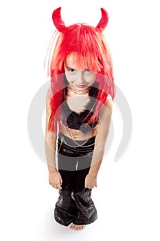 Devil girl. Devils carnival costume. Isolated.