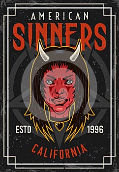 Devil girl head vintage colored poster with text american sinners. Vector decorative template illustration