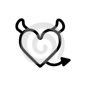 Devil heart with horns and tail. Heart vector icon. Black and white love illustration. Outline linear icon of heart.