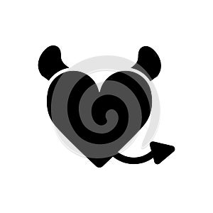 Devil heart with horns and tail. Heart vector icon. Black and white love illustration. Solid linear icon of heart.