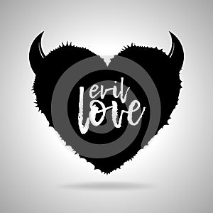 Devil heart logo. black silhouette of a heart with evil horns and the inscription EVIL LOVE.