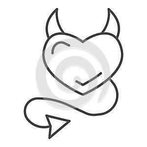 Devil heart thin line icon, valentine day concept, heart with horns and tail sign on white background, demon heart icon