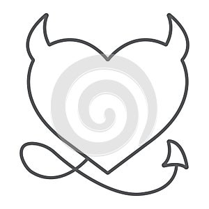 Devil Heart Valentine thin line icon, love and holiday, devil heart sign, vector graphics, a linear pattern on a white