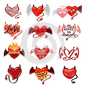 Devil heart vector love red symbol with horns on loving valentine day card romantic illustration lovely set of hearted photo
