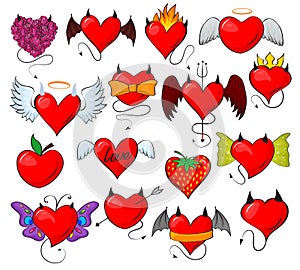 Devil heart vector lovely red sweetheart with horns wings on loving valentine day card illustration romantic set of