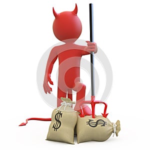 Devil with his trident stuck in sack of dollars