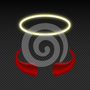 Devil horns and shining angel nimbus. Heaven and hell vector symbols isolated