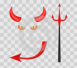 Devil horns, trident, eyes and tail on transparent checkered background. Vector illustration.