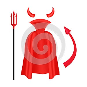 Devil horns, trident, mantle and tail isolated on white background.