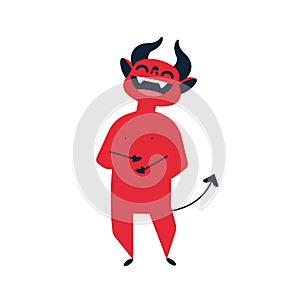 Devil laughing flat vector illustration. Little red cute demon joking cartoon colorful character. Satan funny expression