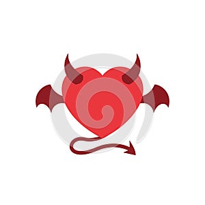 Devil love with demon wing  illustration. heart symbol with horn and tail icon. simple graphic for evil relationship concept