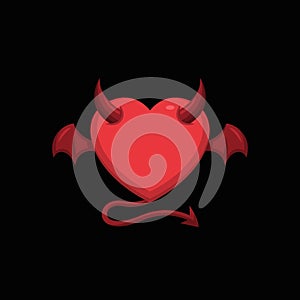 Devil love with demon wing vector illustration. Heart symbol with horn and tail icon. simple graphic for evil relationship concept