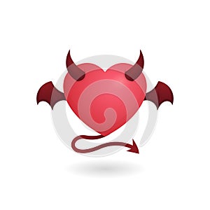 Devil love with demon wing vector illustration. Heart symbol with horn and tail icon. simple graphic for evil relationship concept