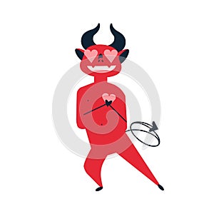 Devil in love flat vector illustration. Amorousness, beguin, fondness, love, warm feeling concept. Enamored demon