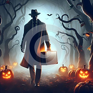 Devil Man Walking in Cool and Dried Forest in Halloween Night