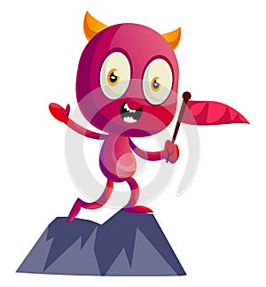 Devil on mountain with flag, illustration, vector