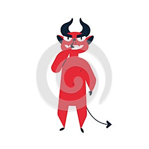 Devil picking nose flat vector illustration. Bad manners and behavior, obscene gesture concept. Ill-mannered satan, red photo