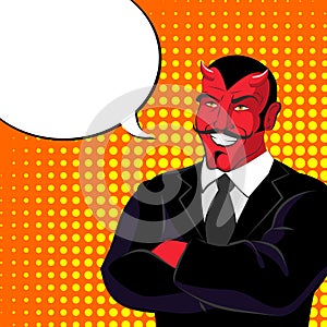 Devil pop art. Red horned demonl and text bubble. Satan laughs. photo