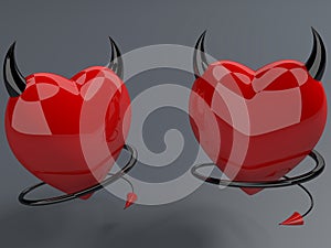 Devil red hearts with horns and tails