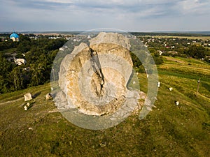 Devil rock in Pidkamin, Lviv region, West Ukraine summer landscape