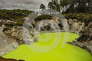 Devil`s Bath, a green sulphur lake at Waotaipu Thermal Wonderland in New Zealand.