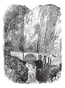 Devil`s Bridge in Uri, Switzerland, vintage engraving