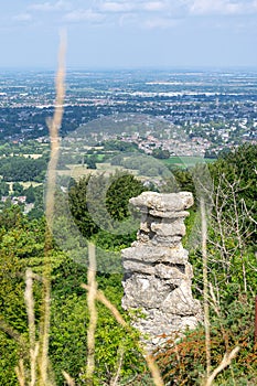 The devil`s chimney rock formation on Leckhampton Hill, Cheltenham