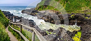 Devil`s churn and hiking trail, Cape Perpertua Scenic Overlook, Yachats, natural landmark of the Oregon Coast