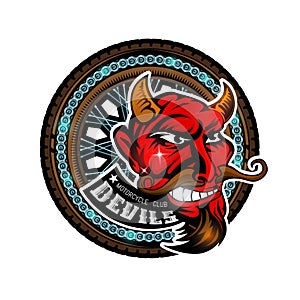 Devil`s head in center of motorcycle wheel, color label on white