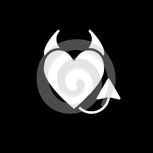 Devil`s heart solid icon. Heart with horns and a tail vector illustration isolated on black. Evil love glyph style
