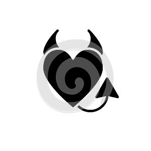 Devil`s heart solid icon. Heart with horns and a tail vector illustration isolated on white. Evil love glyph style