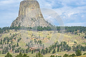 Devil`s Tower monument in northeast Wyoming, USA. Travel America. Closeup.