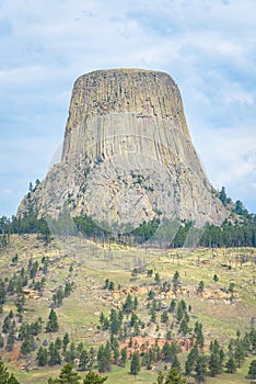 Devil`s Tower monument in northeast Wyoming, USA. Travel America. Vertical layout.