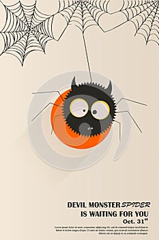 Devil spider poster card design ready, Invitation to Halloween. Vector graphics. Sleek design.