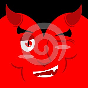 Devil winks. It suggests emotion on red background.