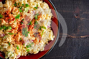 Deviled Egg Pasta Salad in a Serving Bowl