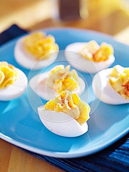 Deviled eggs on colorful blue plate