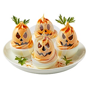 Deviled Eggs Decorated as Jack-o'-Lanterns for Halloween