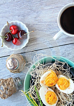 Deviled Eggs flowers cherries coffee