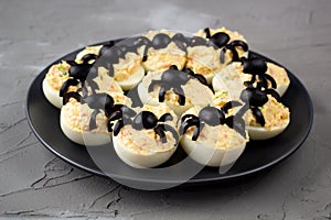 Deviled Eggs With A Spider For Halloween Party