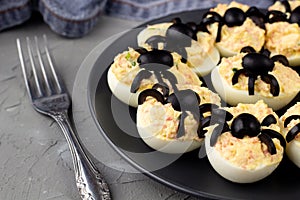 Deviled Eggs With A Spider For Halloween Party