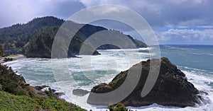 Devils Elbow State Park, Oregon, Panorama of Rugged Pacific Coast on Stormy Day from Heceta Lighthouse, Pacific Northwest, USA