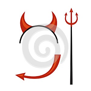 Devils horns head gear with trident and tail.