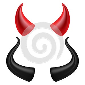 Devils Horns Vector. Realistic Red And Black Devil Horns Set. Isolated On White Illustration.