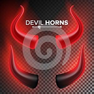 Devils Horns Vector. Red Luminous Horn. Isolated On White Background Illustration. Halloween Evil Horns. Transparent