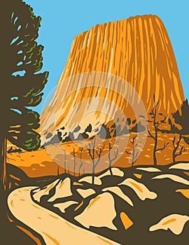 Devils Tower National Monument in Bear Lodge Ranger District of the Black Hills in Wyoming WPA Poster Art